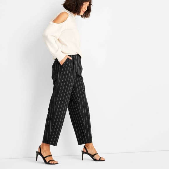 Women's Mid Rise Front Pleated Pants Future Collective Black Pinstriped 2 - Picture 3 of 3